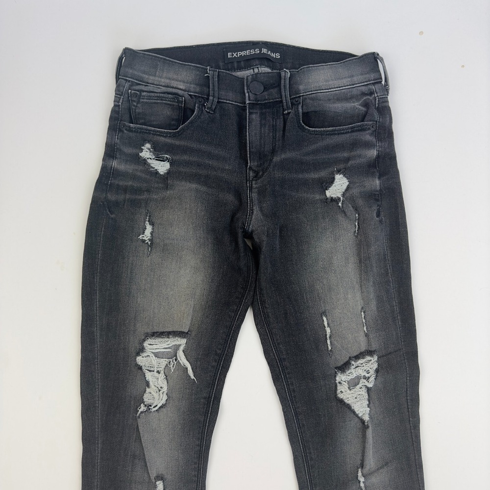 Express Jeans‎ Mia Mid Rise Legging Skinny Gray Distressed Stretch Size 0R - Picture 3 of 12